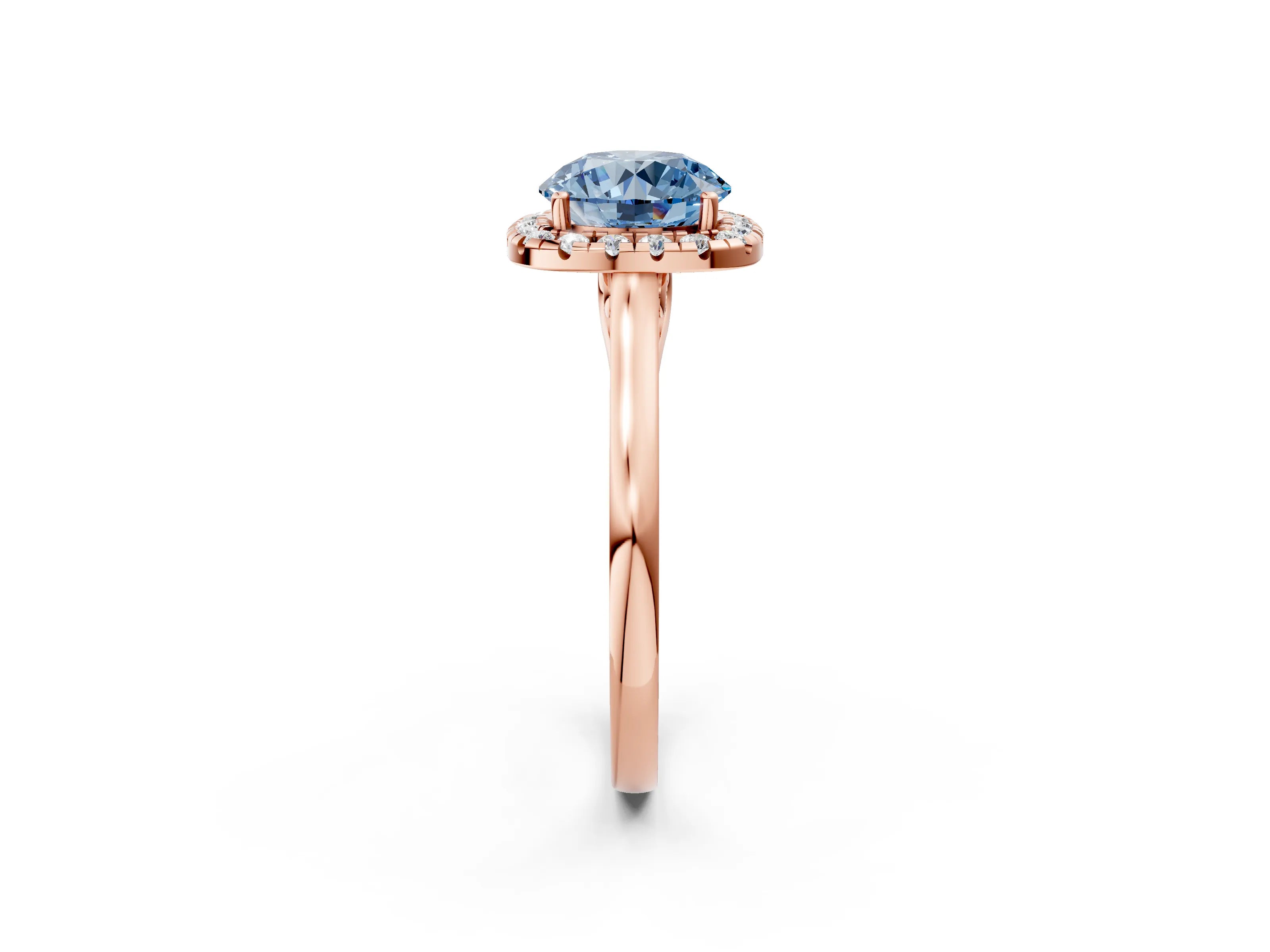 Rose gold Fancy Blue Round Cut Halo Round Diamond Solitaire Ring with Pavé Band and Four-Prong Setting_14
