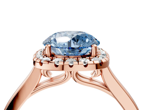 Rose gold Fancy Blue Round Cut Halo Round Diamond Solitaire Ring with Pavé Band and Four-Prong Setting_16