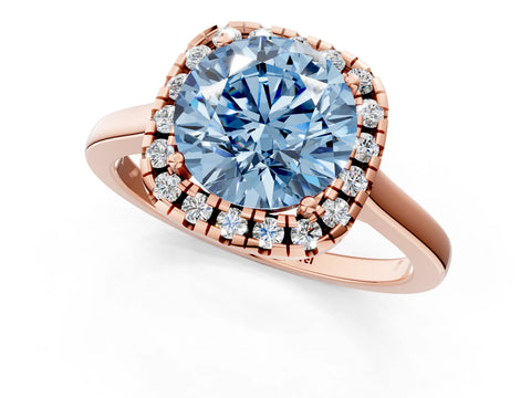 Rose gold Fancy Blue Round Cut Halo Round Diamond Solitaire Ring with Pavé Band and Four-Prong Setting_1