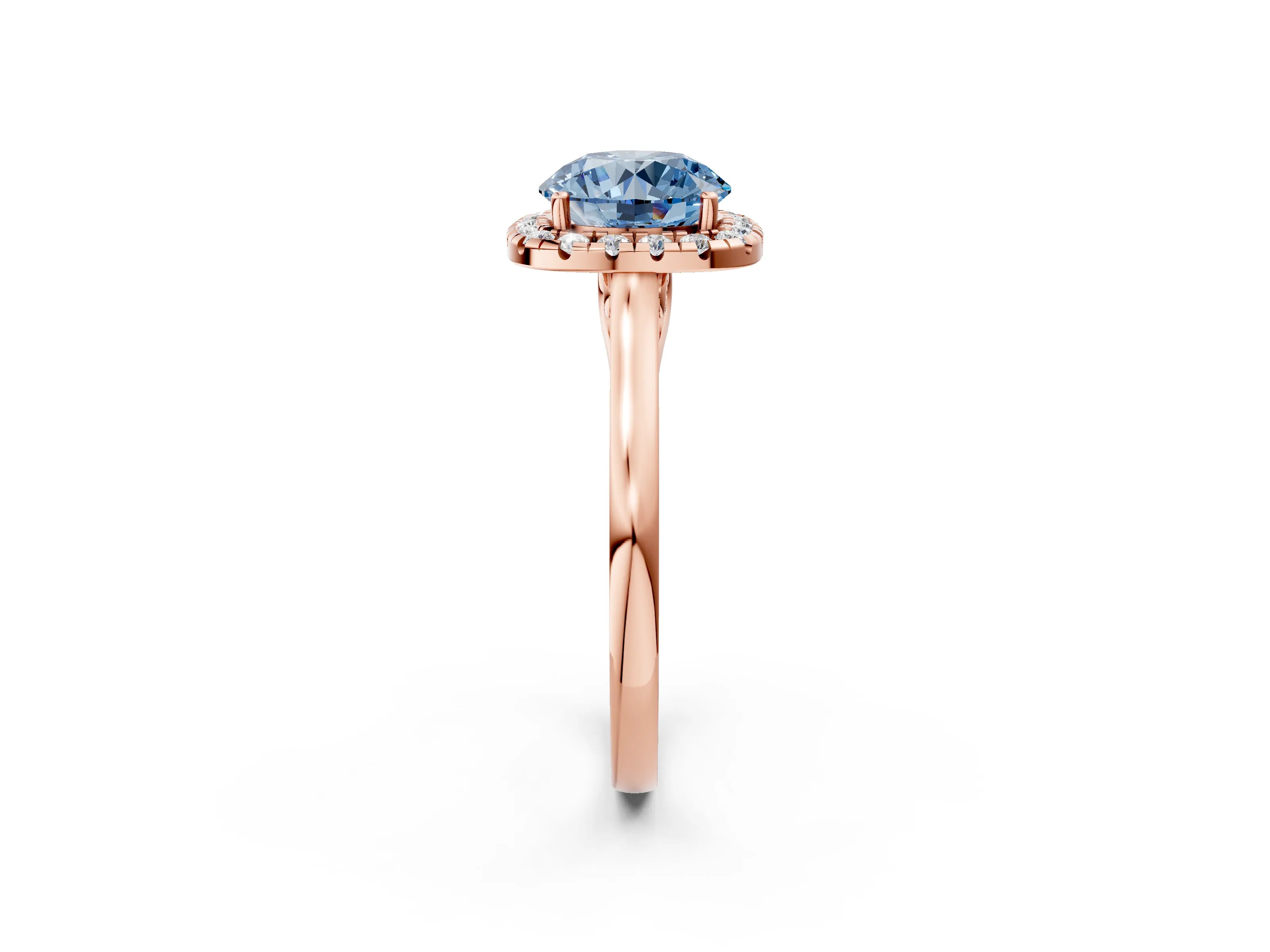 Rose gold Fancy Blue Round Cut Halo Round Diamond Solitaire Ring with Pavé Band and Four-Prong Setting_2