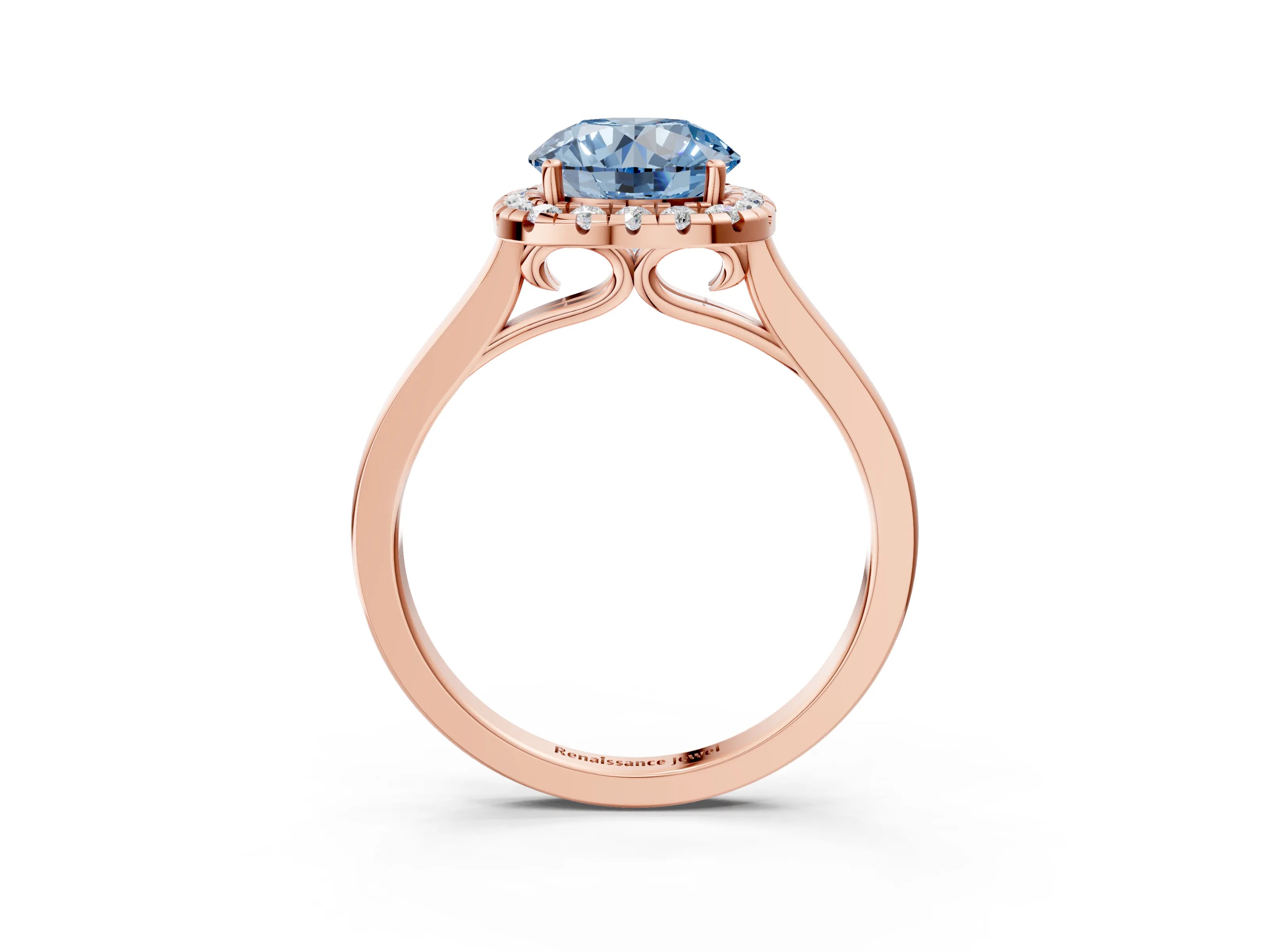 Rose gold Fancy Blue Round Cut Halo Round Diamond Solitaire Ring with Pavé Band and Four-Prong Setting_3