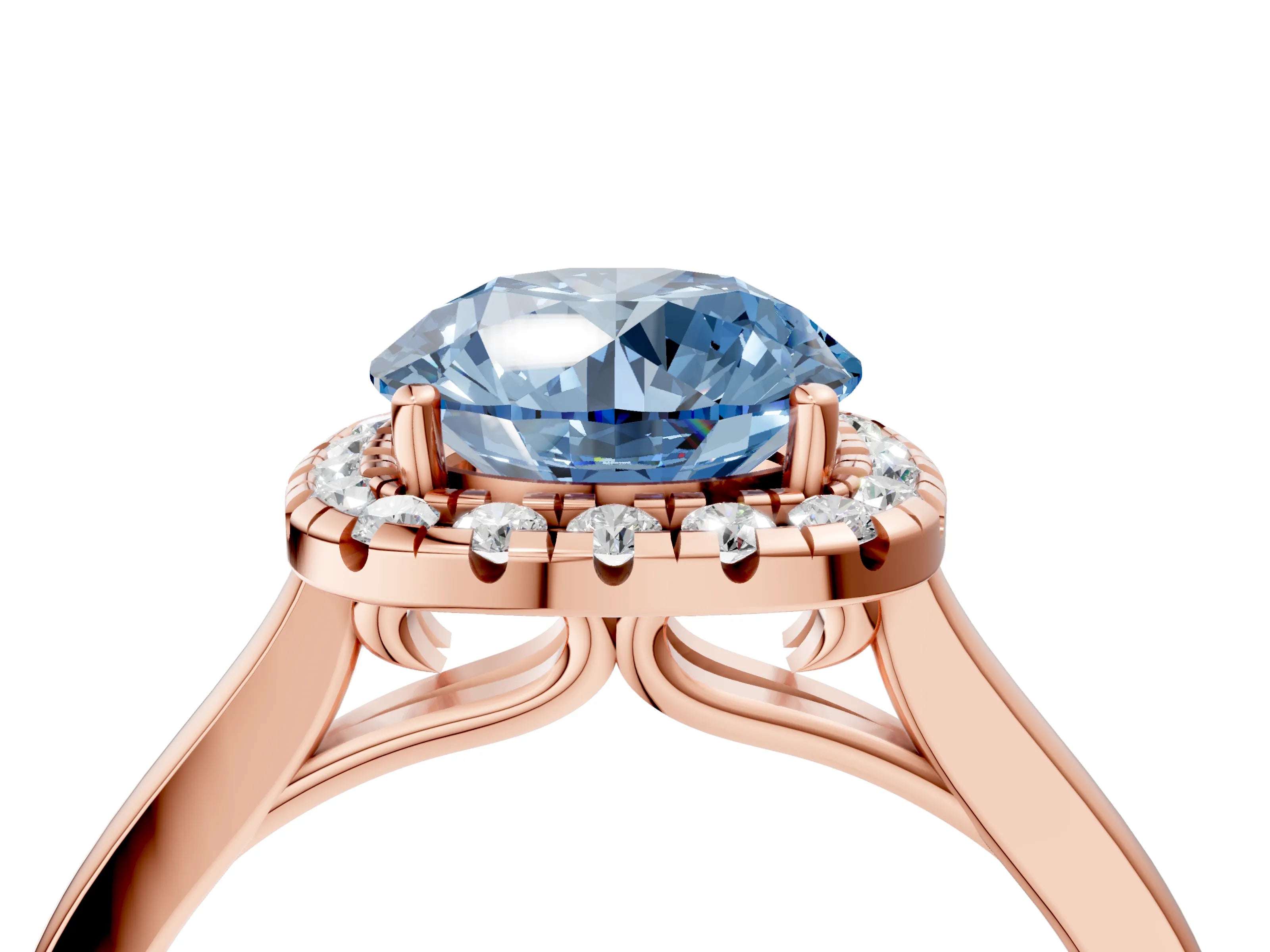 Rose gold Fancy Blue Round Cut Halo Round Diamond Solitaire Ring with Pavé Band and Four-Prong Setting_4