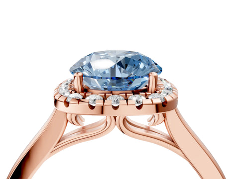 Rose gold Fancy Blue Round Cut Halo Round Diamond Solitaire Ring with Pavé Band and Four-Prong Setting_4