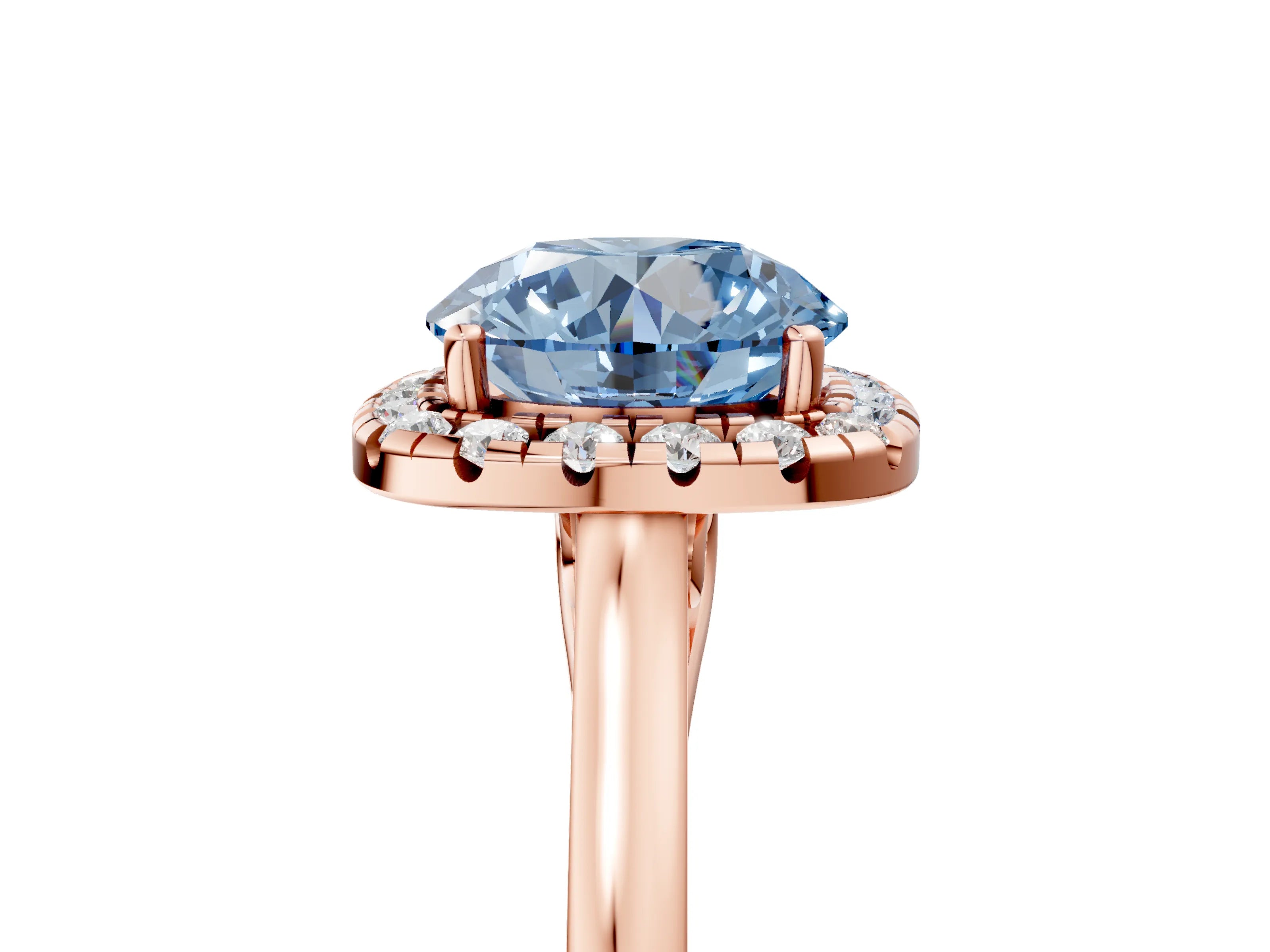 Rose gold Fancy Blue Round Cut Halo Round Diamond Solitaire Ring with Pavé Band and Four-Prong Setting_5