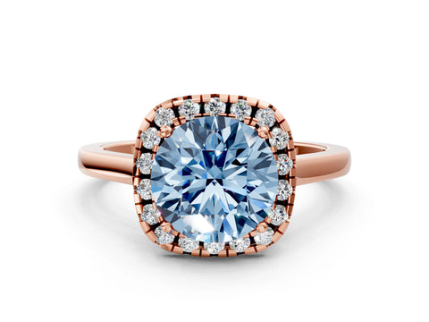 Rose gold Fancy Blue Round Cut Halo Round Diamond Solitaire Ring with Pavé Band and Four-Prong Setting