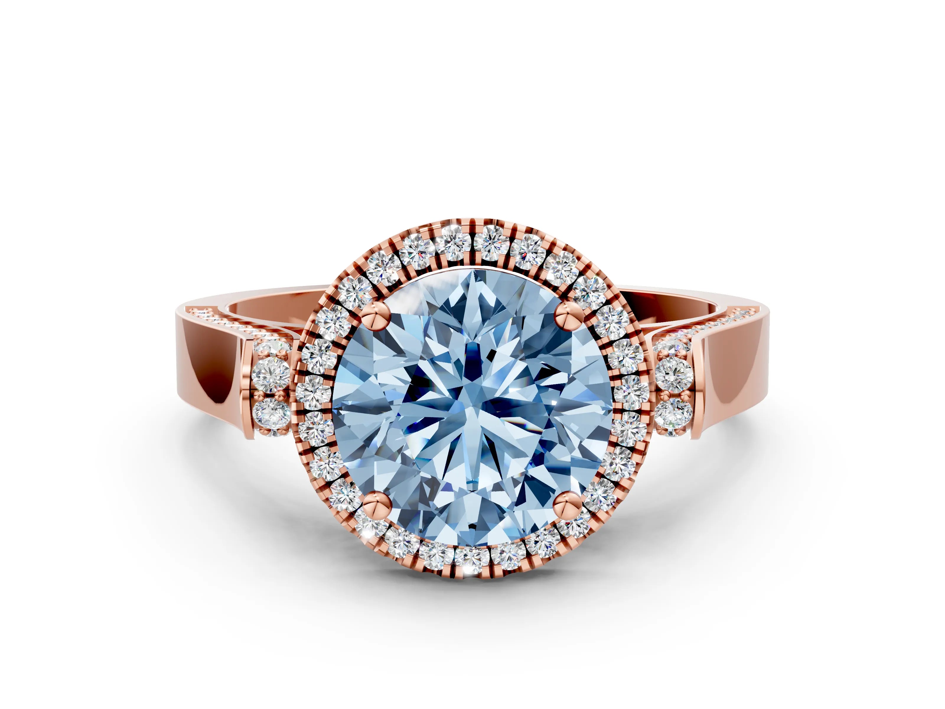 Rose gold Fancy Blue Round Cut Halo Round Diamond Twist Band with Four-Prong Setting