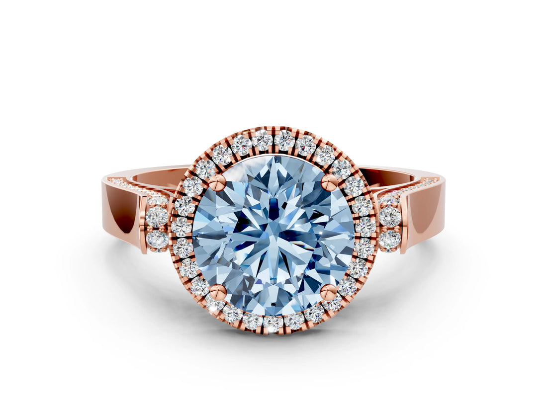 Rose gold Fancy Blue Round Cut Halo Round Diamond Twist Band with Four-Prong Setting