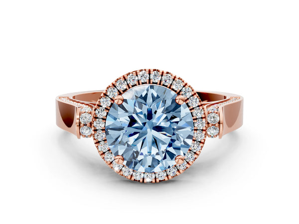 Rose gold Fancy Blue Round Cut Halo Round Diamond Twist Band with Four-Prong Setting