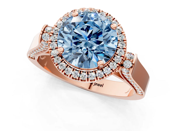 Rose gold Fancy Blue Round Cut Halo Round Diamond Twist Band with Four-Prong Setting