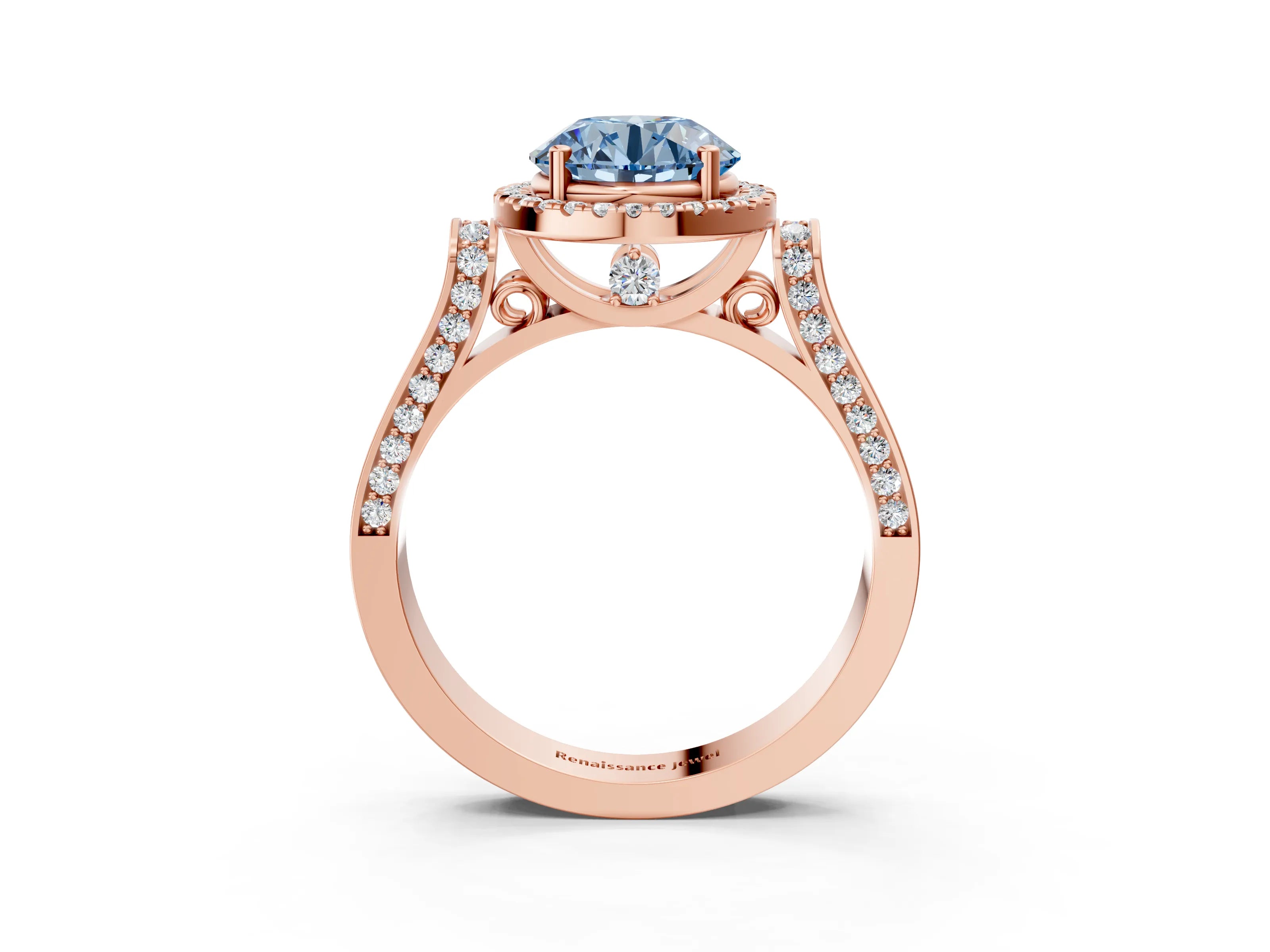 Rose gold Fancy Blue Round Cut Halo Round Diamond Twist Band with Four-Prong Setting_3