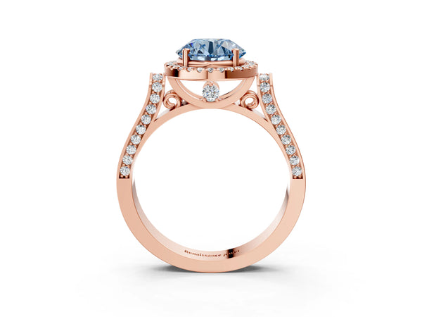 Rose gold Fancy Blue Round Cut Halo Round Diamond Twist Band with Four-Prong Setting