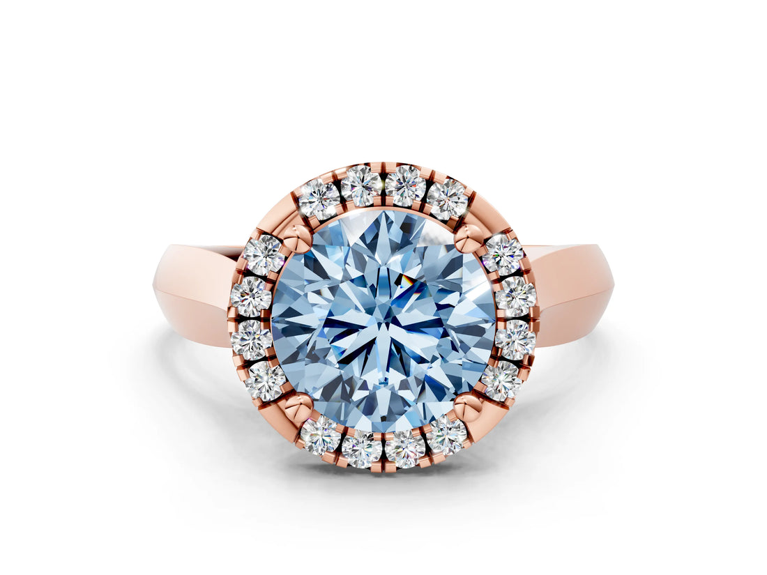 Rose gold Fancy Blue Round  Cut Halo Solitaire Engagement Ring with Square Band and Four-Prong Setting_112