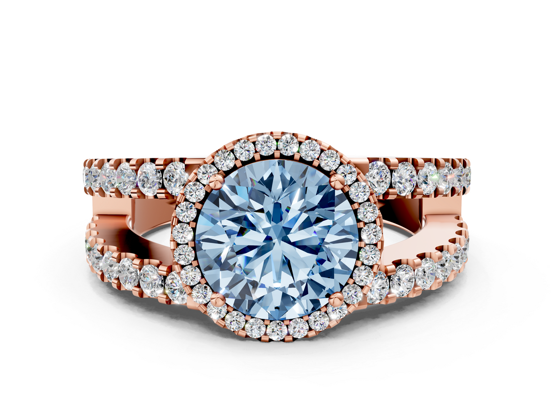 Rose gold Fancy Blue Round  Cut Halo Split Shank Diamond Ring with Four-Prong Setting_45