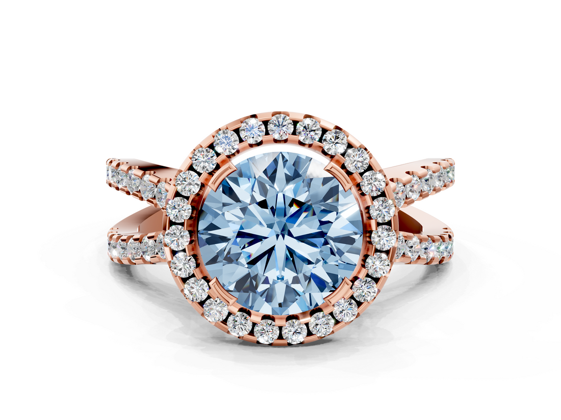 Rose gold Fancy Blue Round  Cut Halo Split Shank Pave Set Ring_62