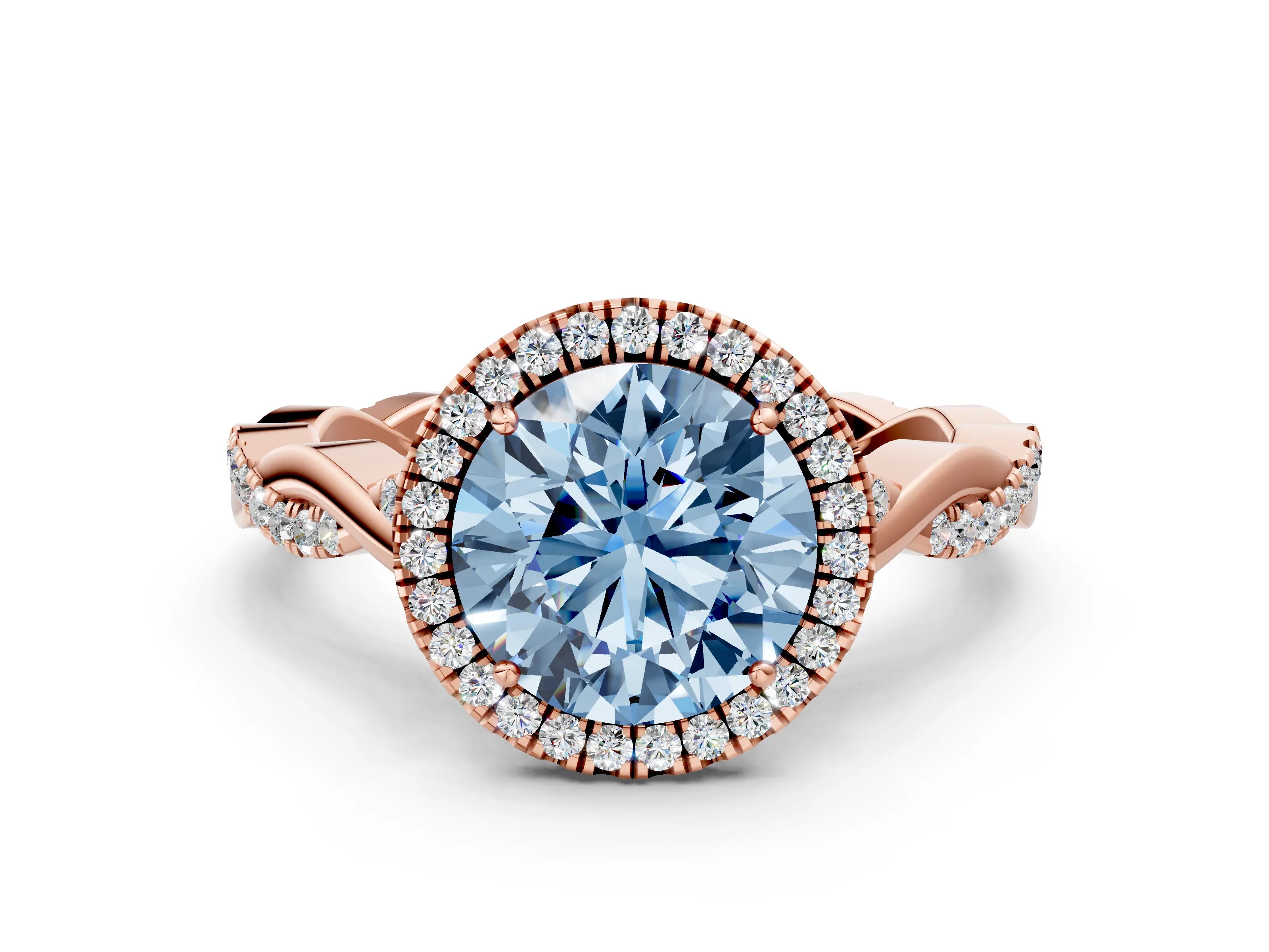 Rose gold Fancy Blue Round Cut Halo Twist Band with Four-Prong Setting