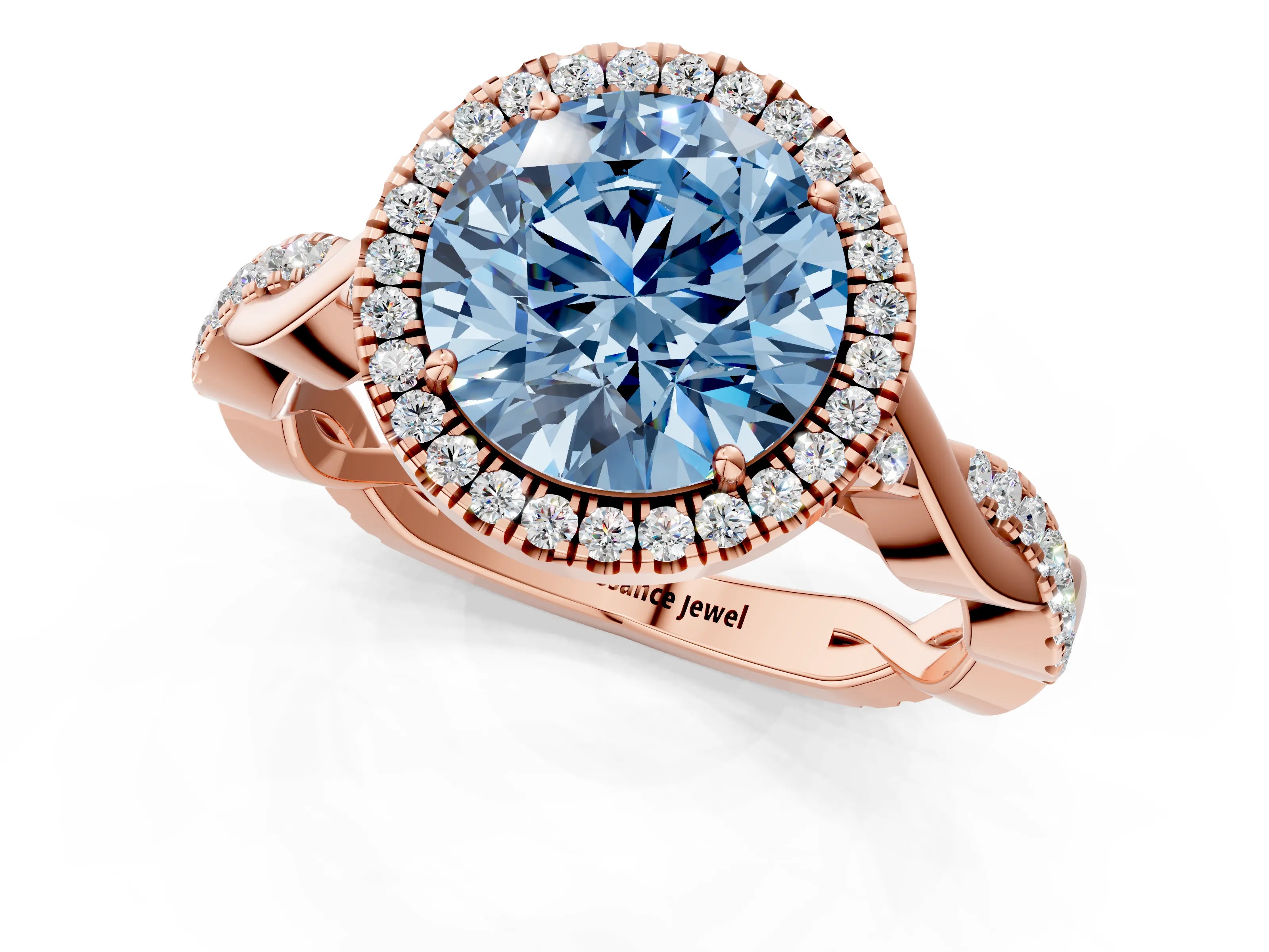 Rose gold Fancy Blue Round Cut Halo Twist Band with Four-Prong Setting_1