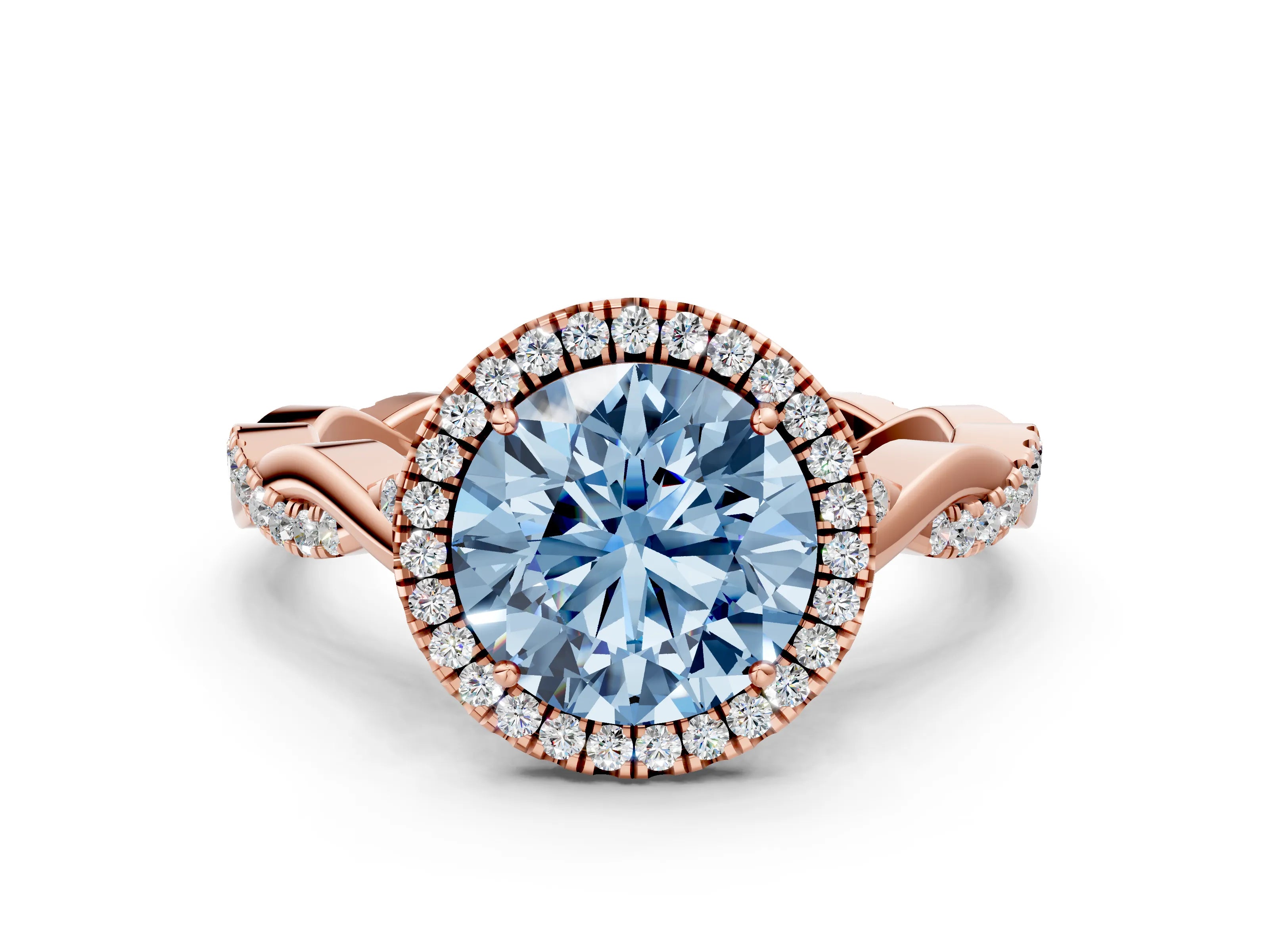 Rose gold Fancy Blue Round Cut Halo Twist Band with Four-Prong Setting_12