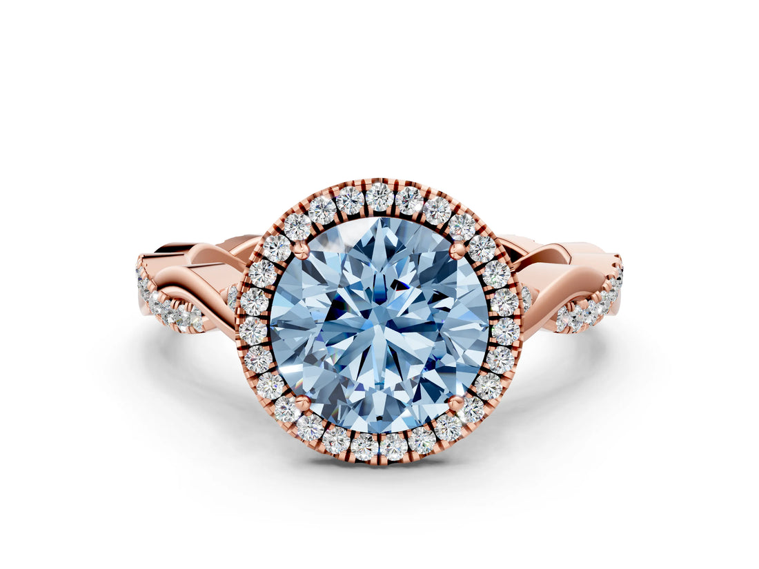 Rose gold Fancy Blue Round Cut Halo Twist Band with Four-Prong Setting_12