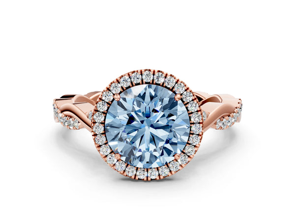 Rose Gold Round Interwoven Twist Halo Engagement Ring Setting for Fancy Blue Center