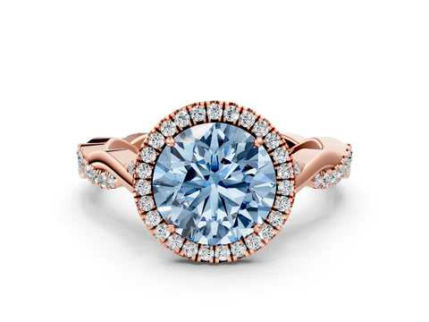 Rose gold Fancy Blue Round Cut Halo Twist Band with Four-Prong Setting_12