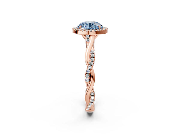 Rose Gold Round Interwoven Twist Halo Engagement Ring Setting for Fancy Blue Center