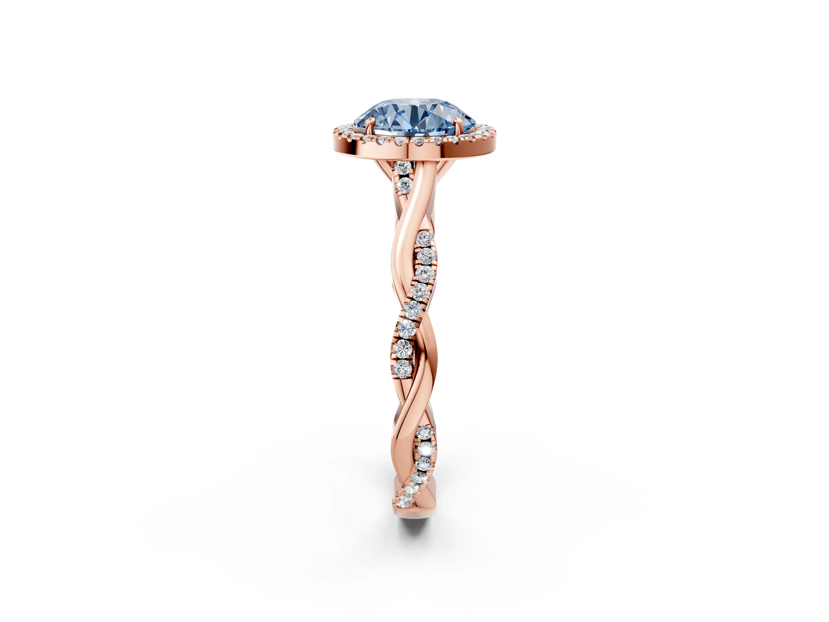 Rose gold Fancy Blue Round Cut Halo Twist Band with Four-Prong Setting_2
