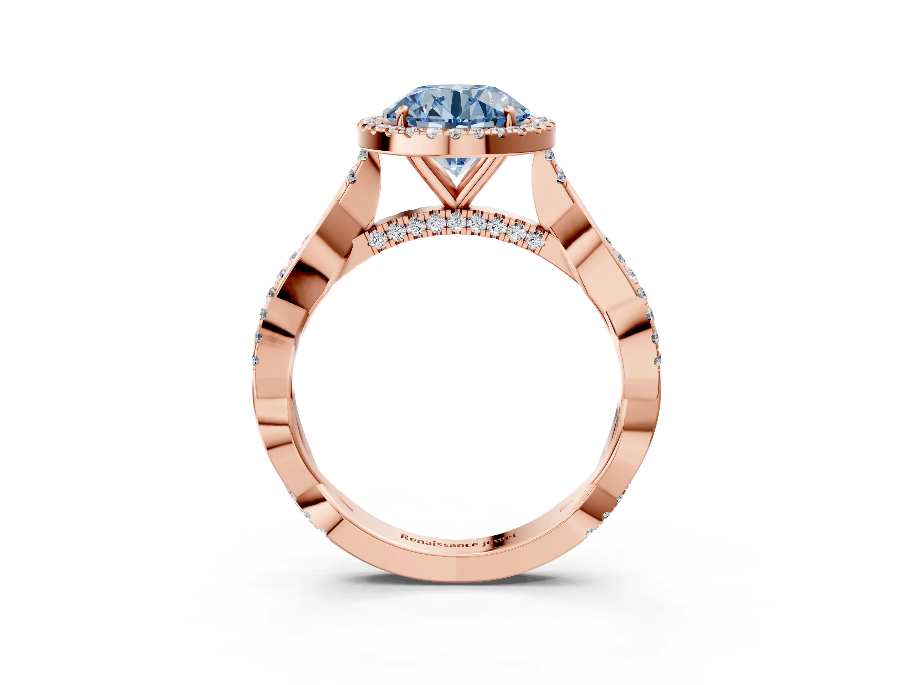 Rose gold Fancy Blue Round Cut Halo Twist Band with Four-Prong Setting_3