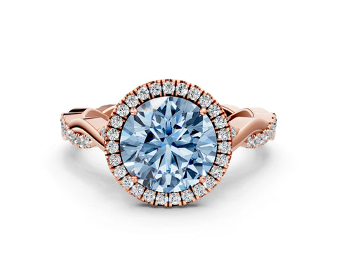 Rose gold Fancy Blue Round Cut Halo Twist Band with Four-Prong Setting