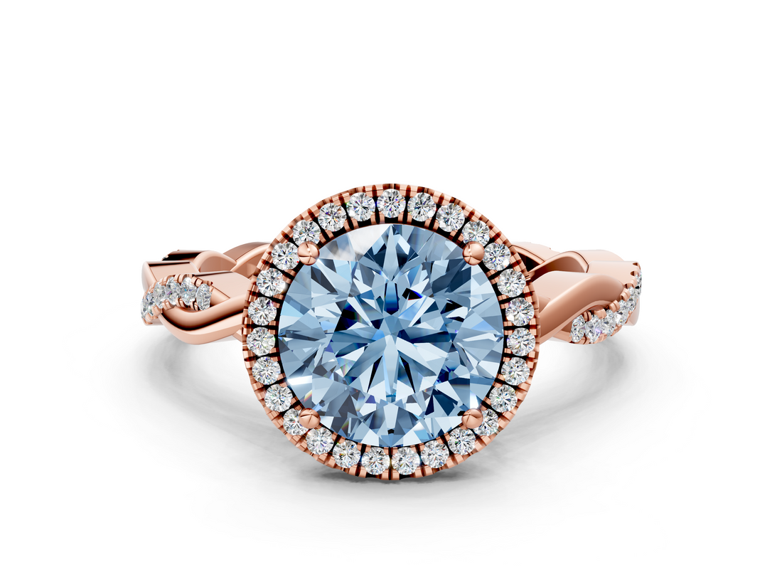 Rose gold Fancy Blue Round  Cut Halo Twisted Band Four-Prong Ring_20