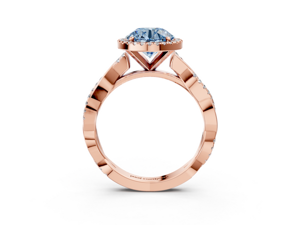 Rose gold Fancy Blue Round  Cut Halo Twisted Band Four-Prong Ring