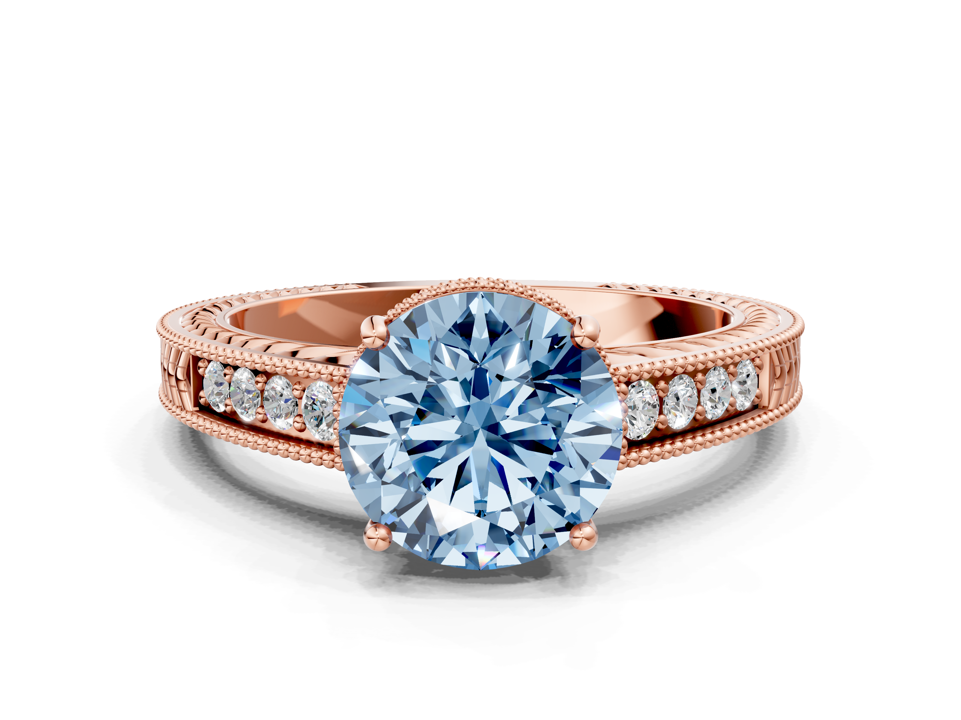 Rose gold Fancy Blue Round  Cut Milgrain Channel Set Engagement Ring with Solitaire Prong Setting_48