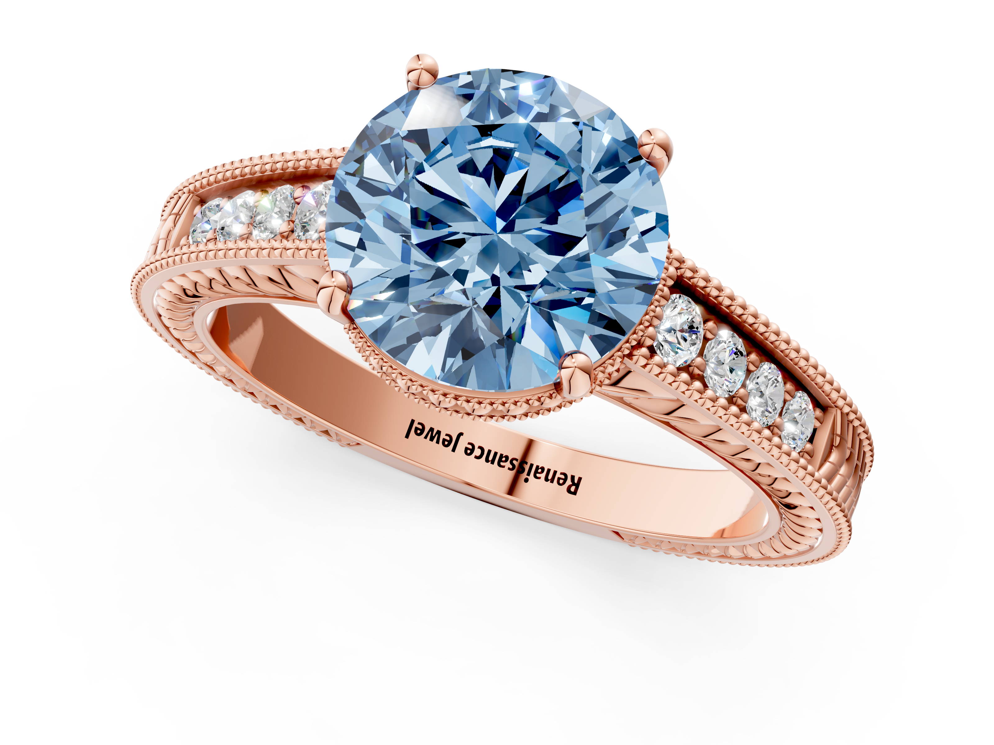 Rose gold Fancy Blue Round  Cut Milgrain Channel Set Engagement Ring with Solitaire Prong Setting_49