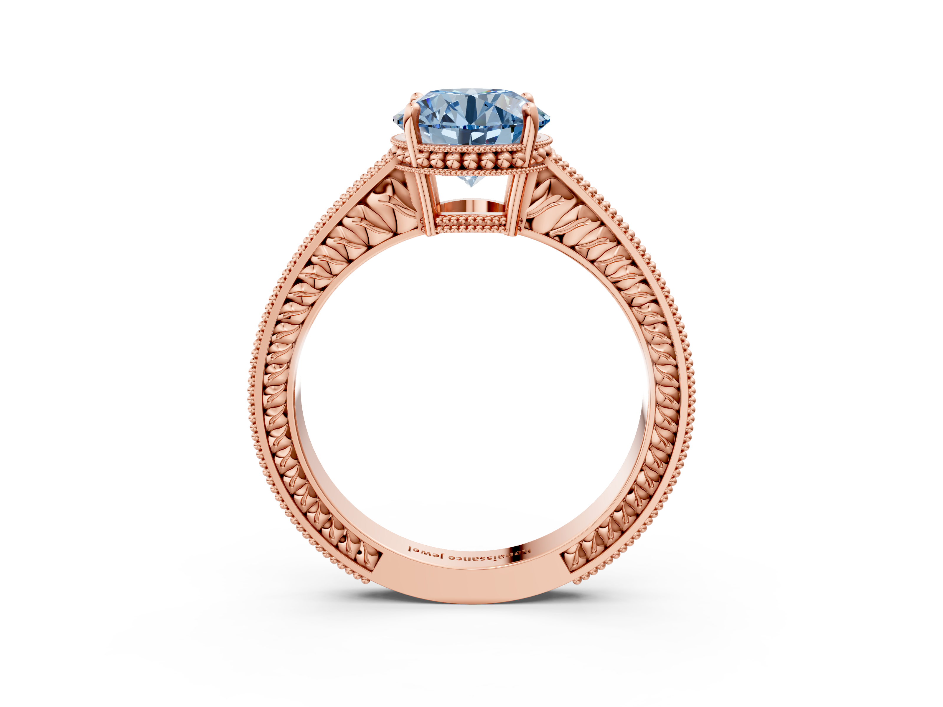 Rose gold Fancy Blue Round  Cut Milgrain Channel Set Engagement Ring with Solitaire Prong Setting_51