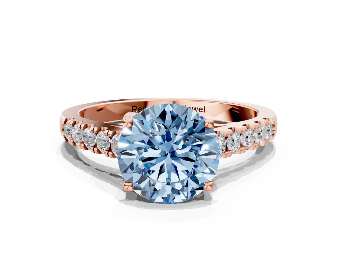 Rose gold Fancy Blue Round  Cut Pavé Band Solitaire Ring with Four-Prong Setting_45