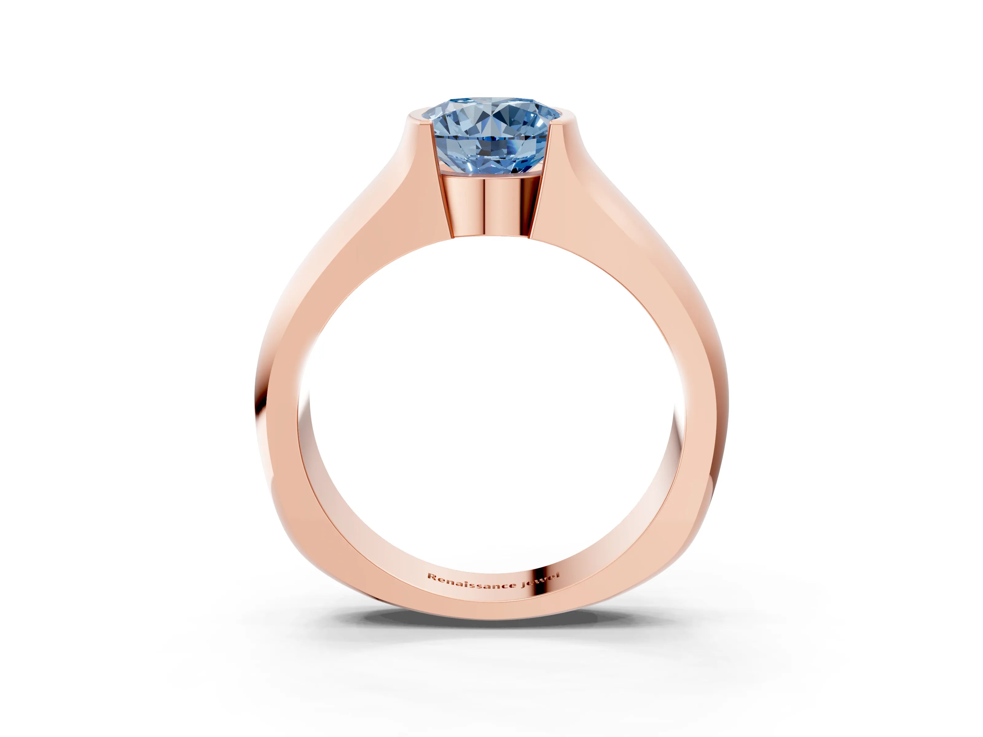 Rose gold Fancy Blue Round Cut Solitaire Bezel Set Diamond Ring with Wide Band_3