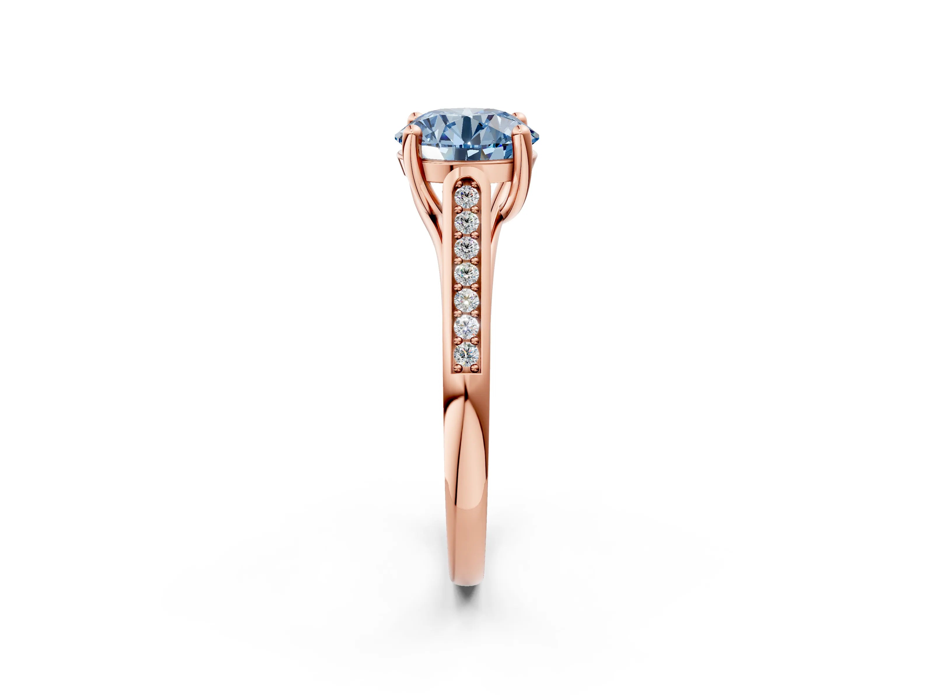 Rose gold Fancy Blue Round Cut Solitaire Cathedral Diamond Engagement Ring with Channel-Set Band and Four-Prong Setting_5