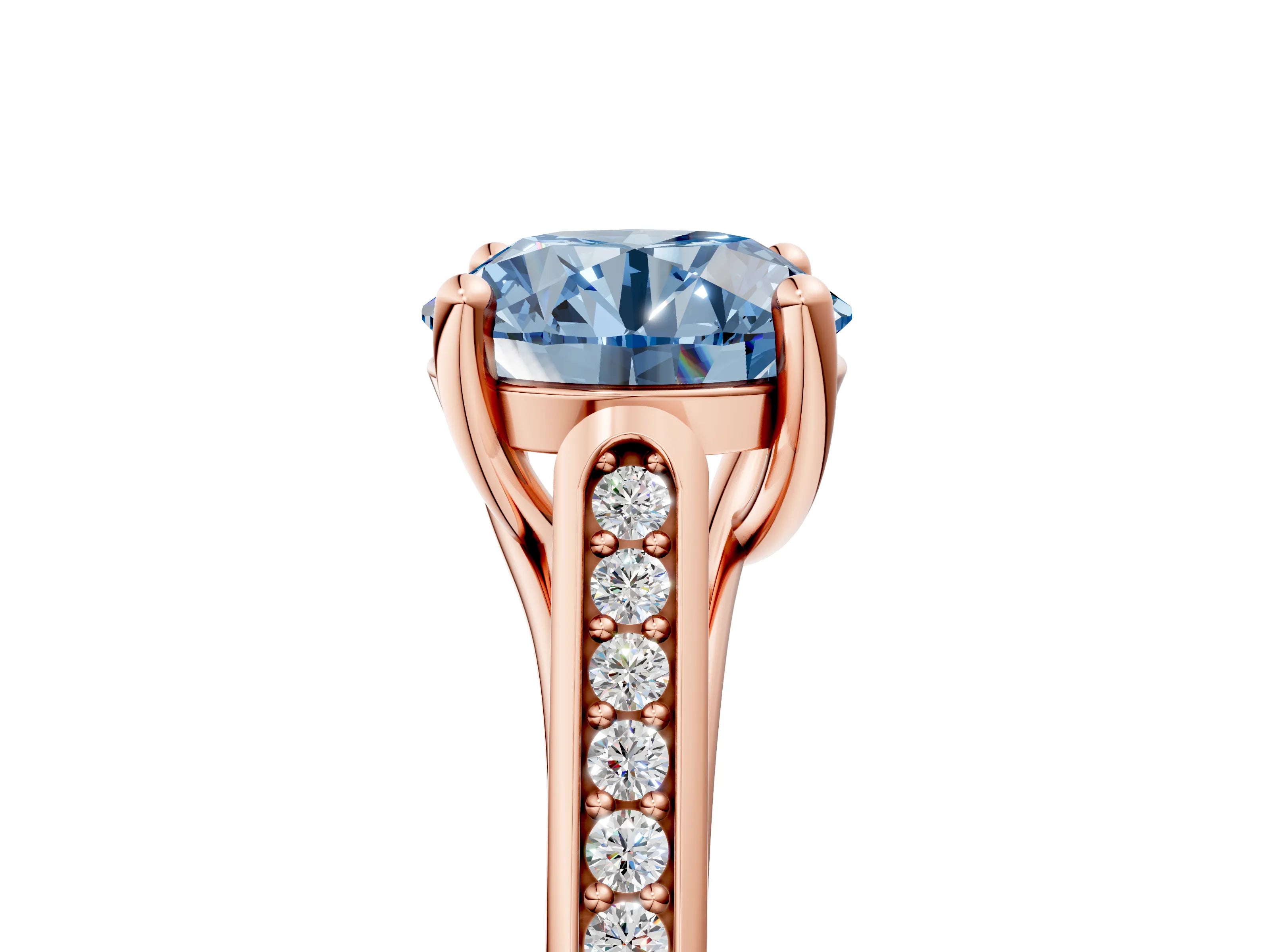 Rose gold Fancy Blue Round Cut Solitaire Cathedral Diamond Engagement Ring with Channel-Set Band and Four-Prong Setting_8