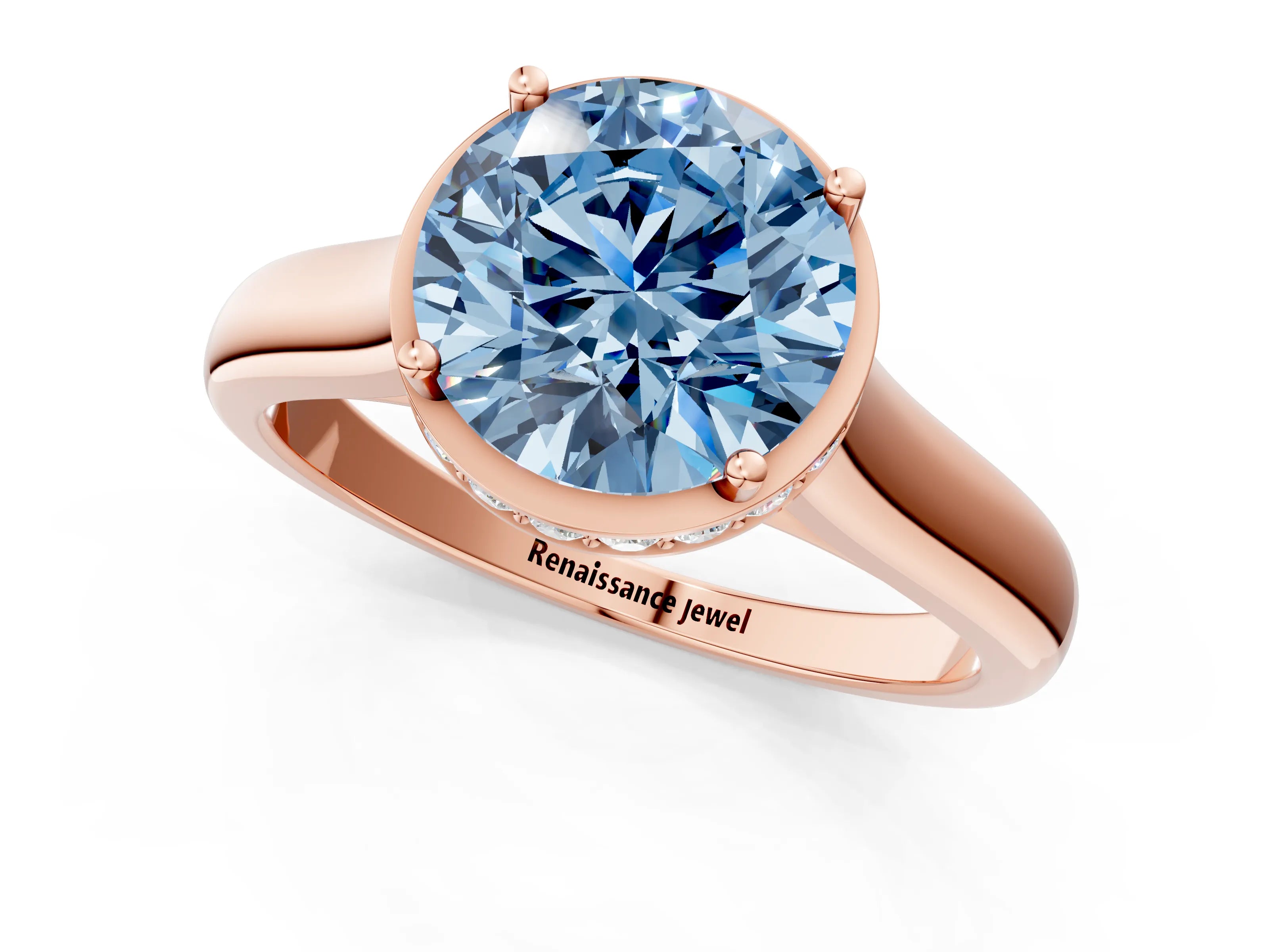 Rose gold Fancy Blue Round Cut Solitaire Diamond Engagement Ring with Four-Prong Setting and Tapered Band_1