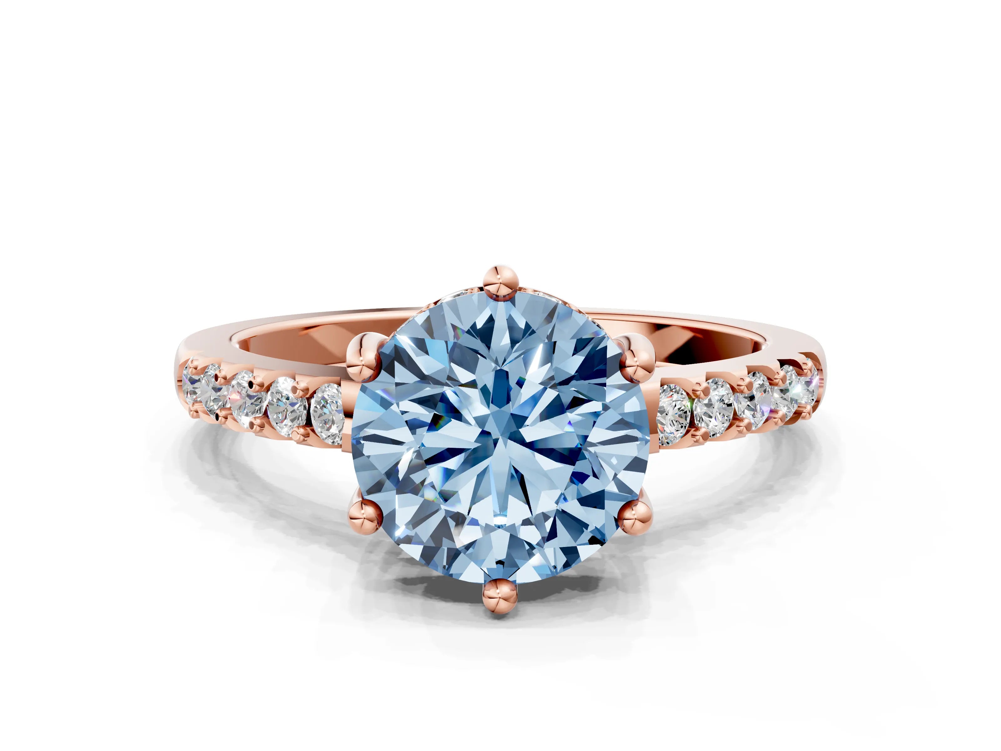 Rose gold Fancy Blue Round Cut Solitaire Diamond Engagement Ring with Pavé Band and Six-Prong Setting