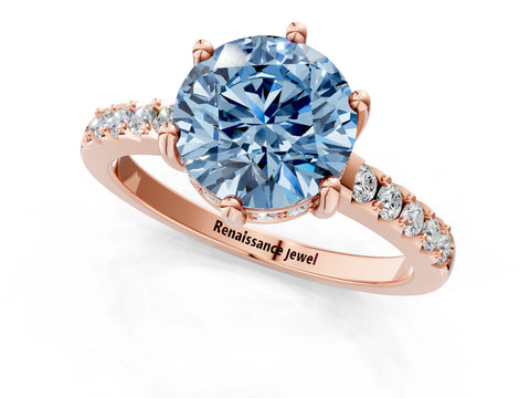 Rose gold Fancy Blue Round Cut Solitaire Diamond Engagement Ring with Pavé Band and Six-Prong Setting_1