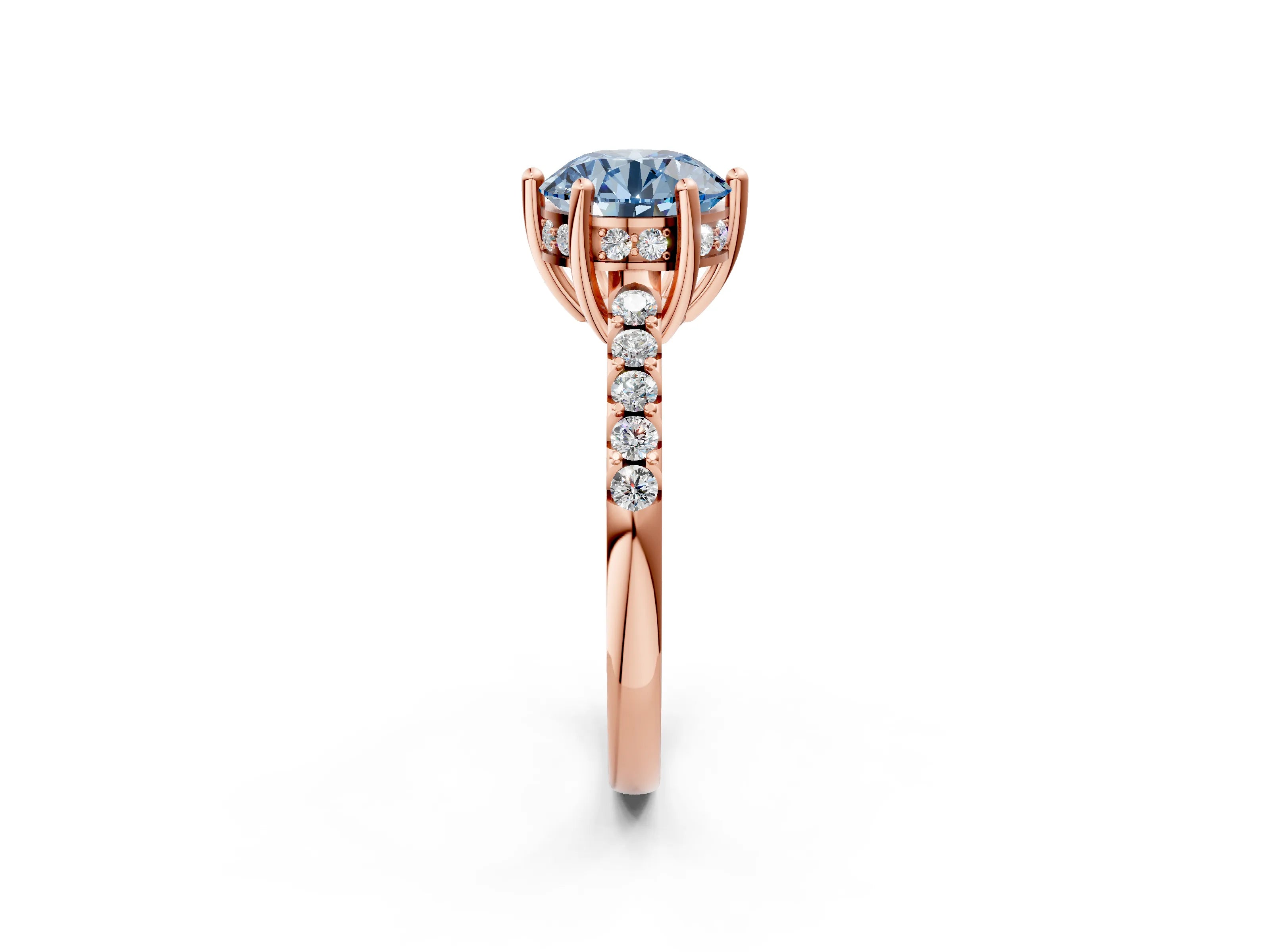 Rose gold Fancy Blue Round Cut Solitaire Diamond Engagement Ring with Pavé Band and Six-Prong Setting_2