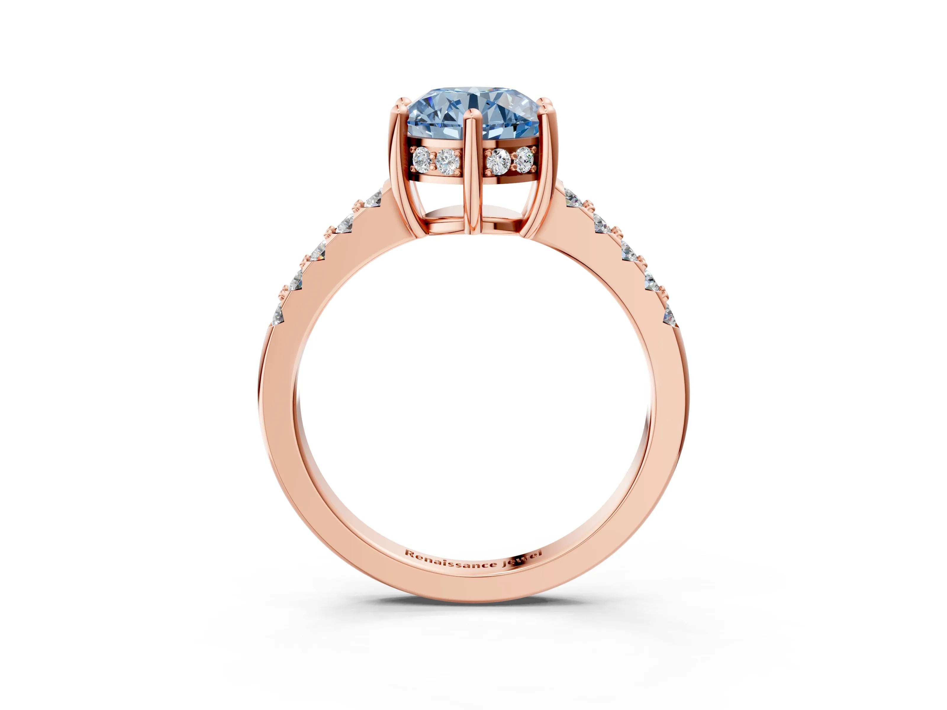 Rose gold Fancy Blue Round Cut Solitaire Diamond Engagement Ring with Pavé Band and Six-Prong Setting_3