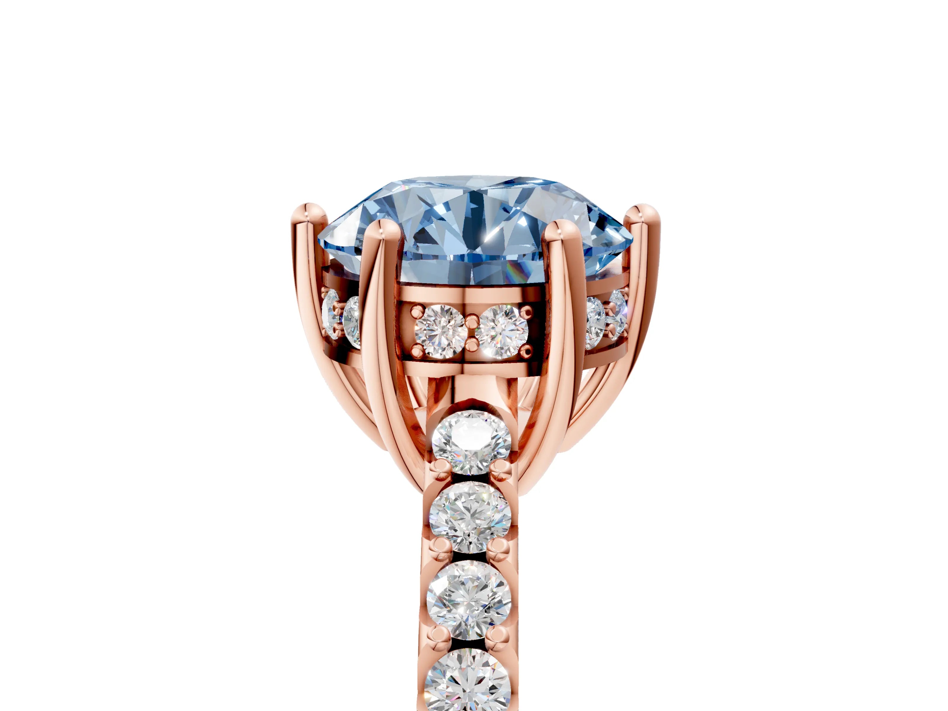 Rose gold Fancy Blue Round Cut Solitaire Diamond Engagement Ring with Pavé Band and Six-Prong Setting_5