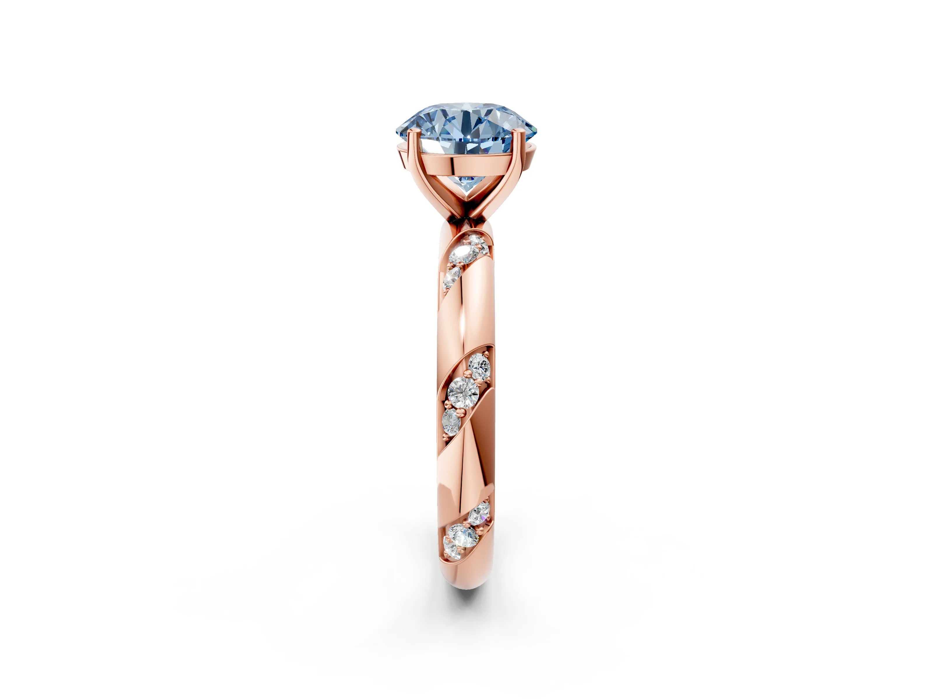 Rose gold Fancy Blue Round Cut Solitaire Diamond Engagement Ring with Twisted Pave Band and Four-Prong Setting_5