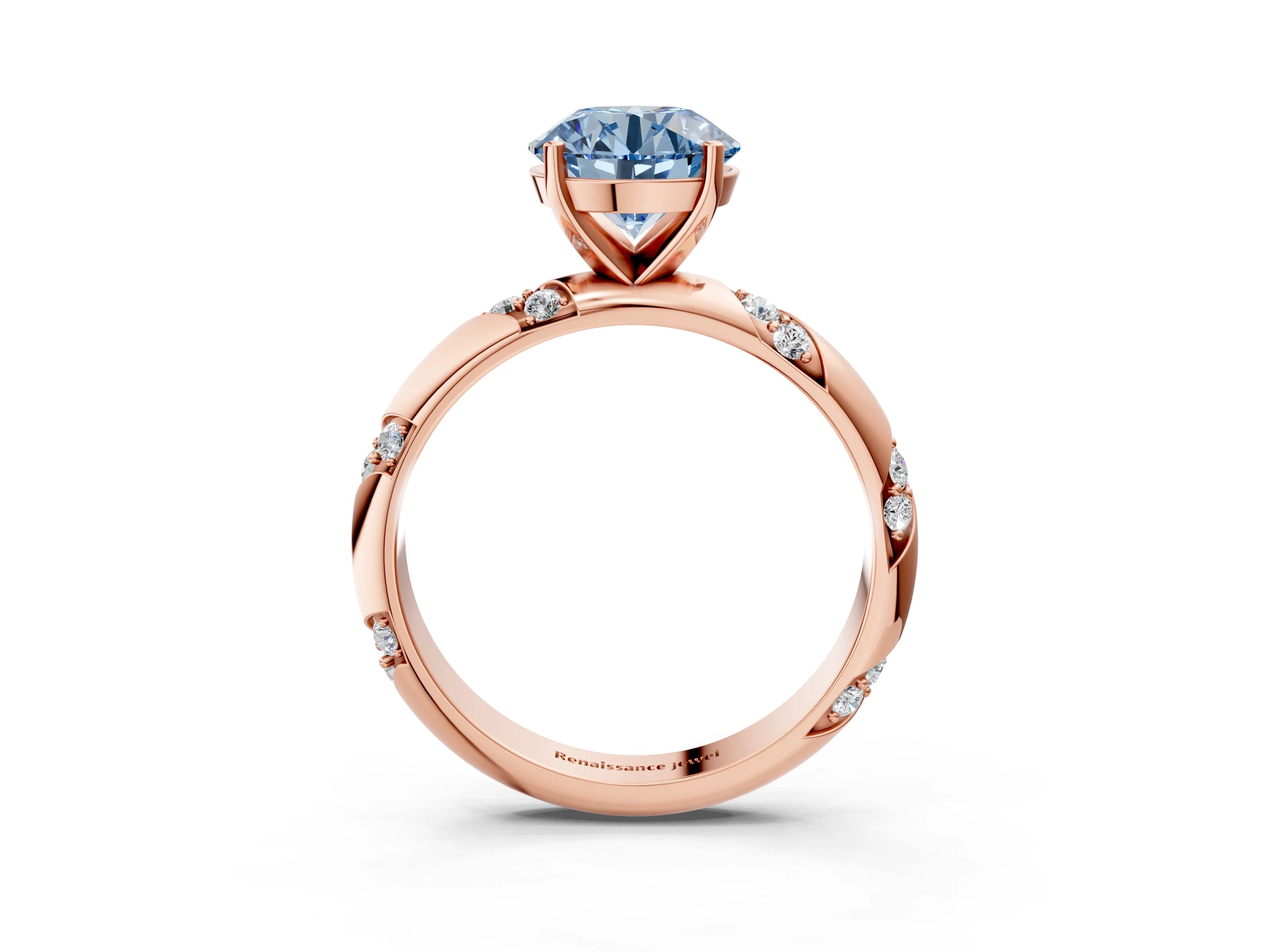 Rose gold Fancy Blue Round Cut Solitaire Diamond Engagement Ring with Twisted Pave Band and Four-Prong Setting_6