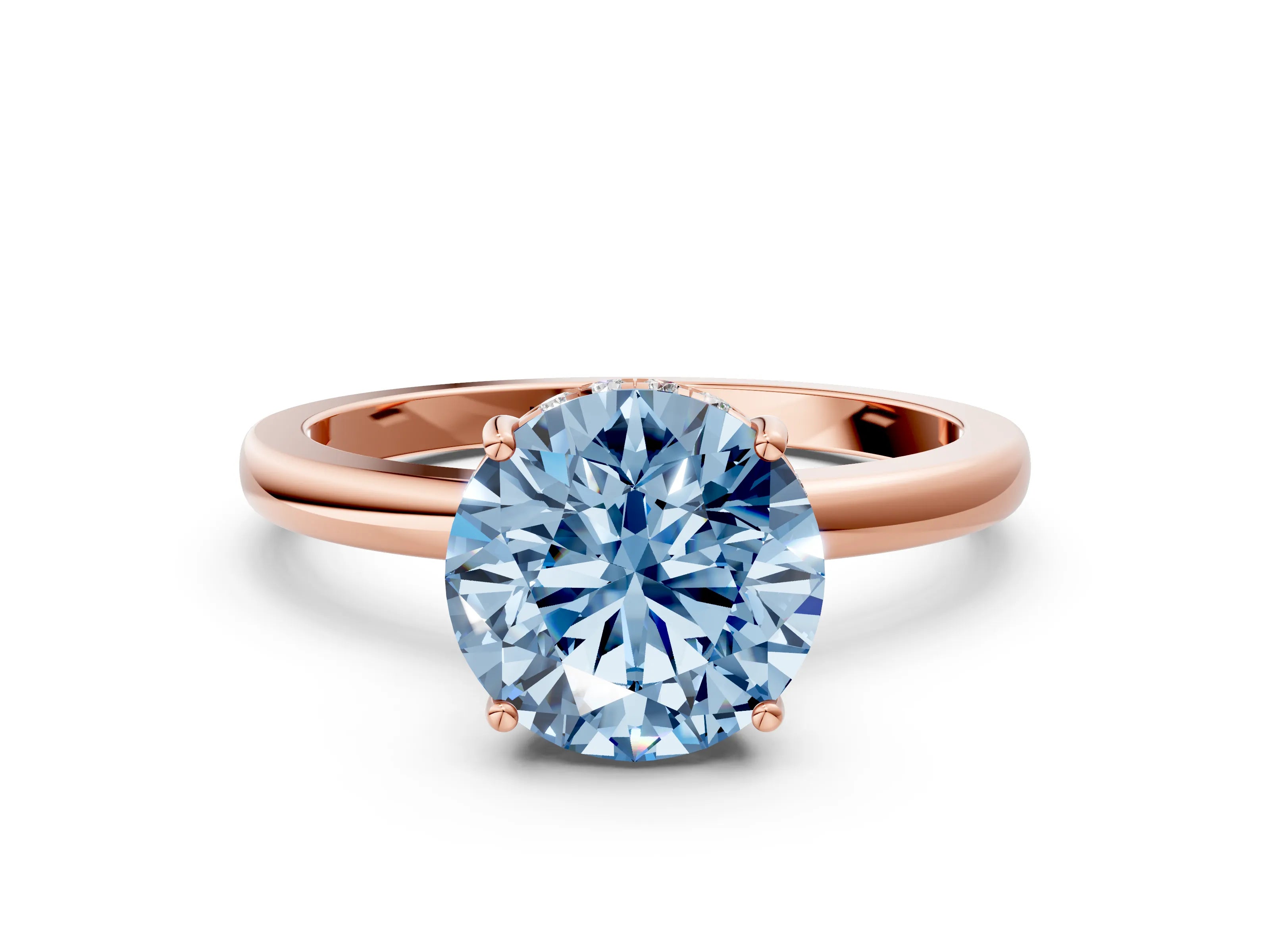 Rose gold Fancy Blue Round Cut Solitaire Diamond Ring with Prong Setting and Plain Band