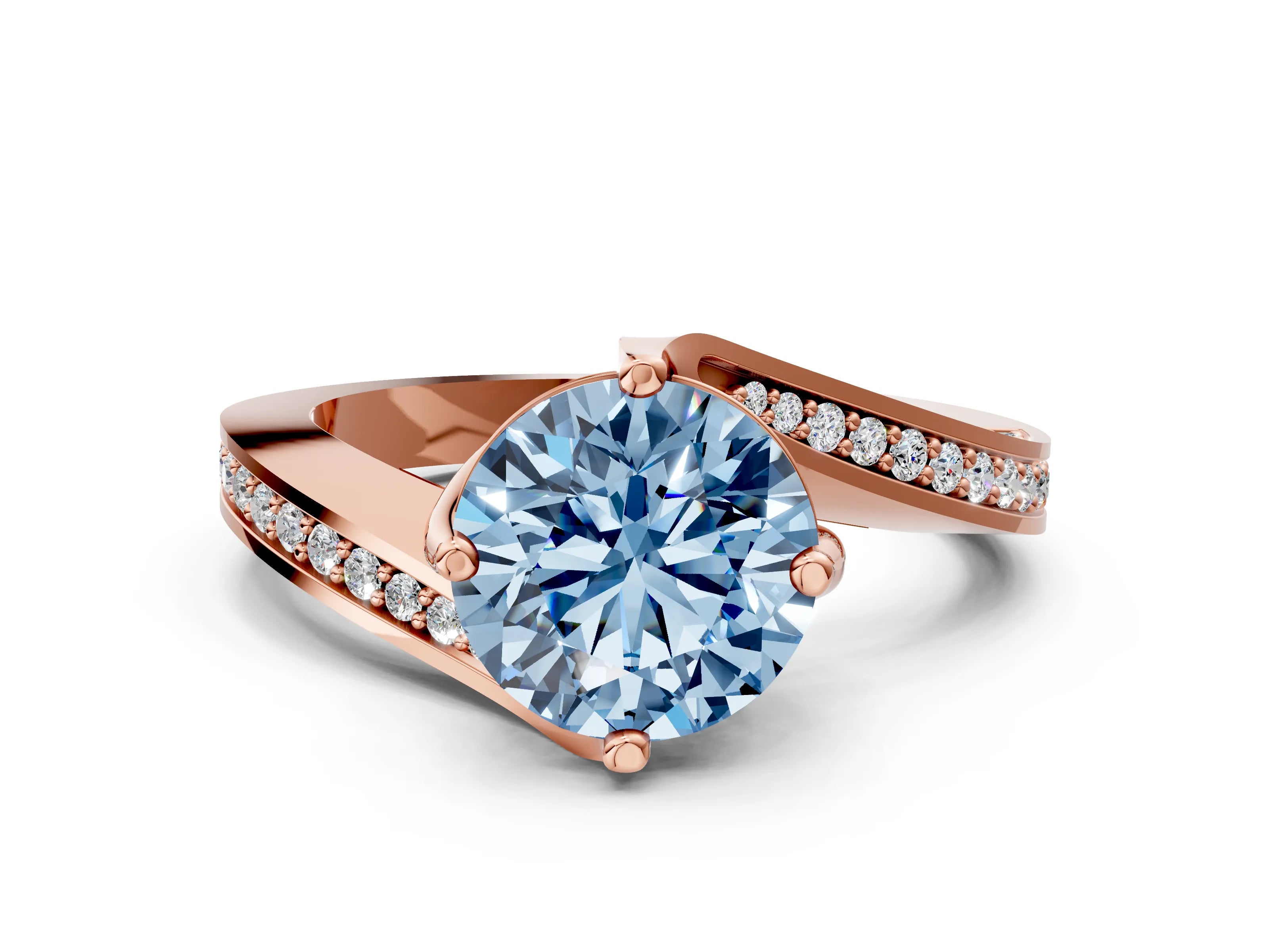 Rose gold Fancy Blue Round Cut Solitaire Diamond Twist Band with Pavé Setting and Four-Prong Setting
