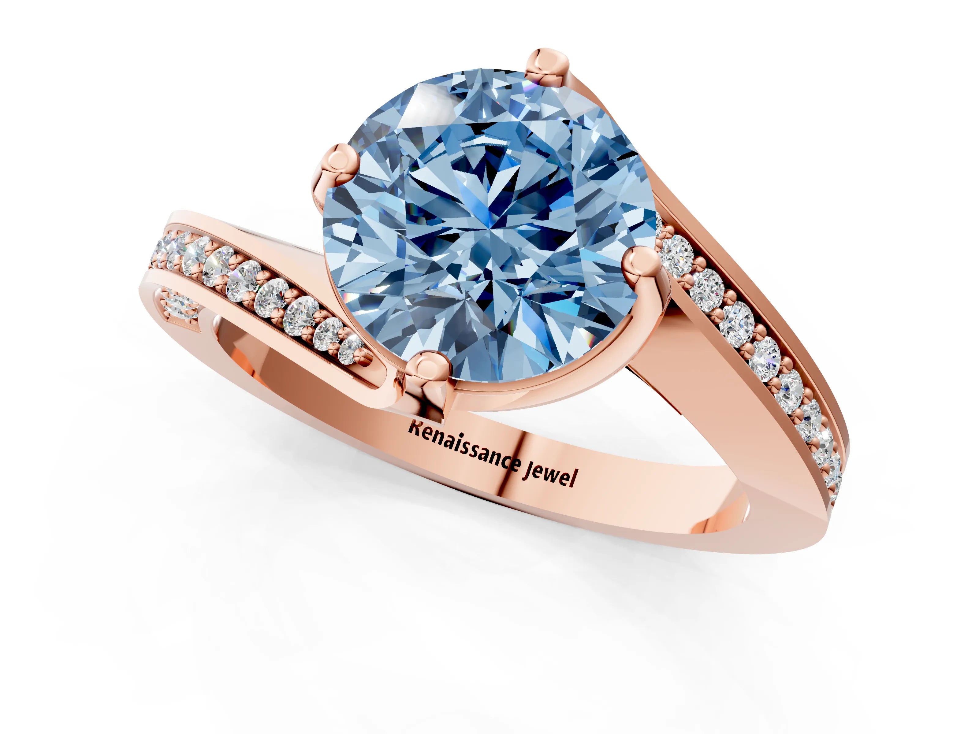 Rose gold Fancy Blue Round Cut Solitaire Diamond Twist Band with Pavé Setting and Four-Prong Setting_1