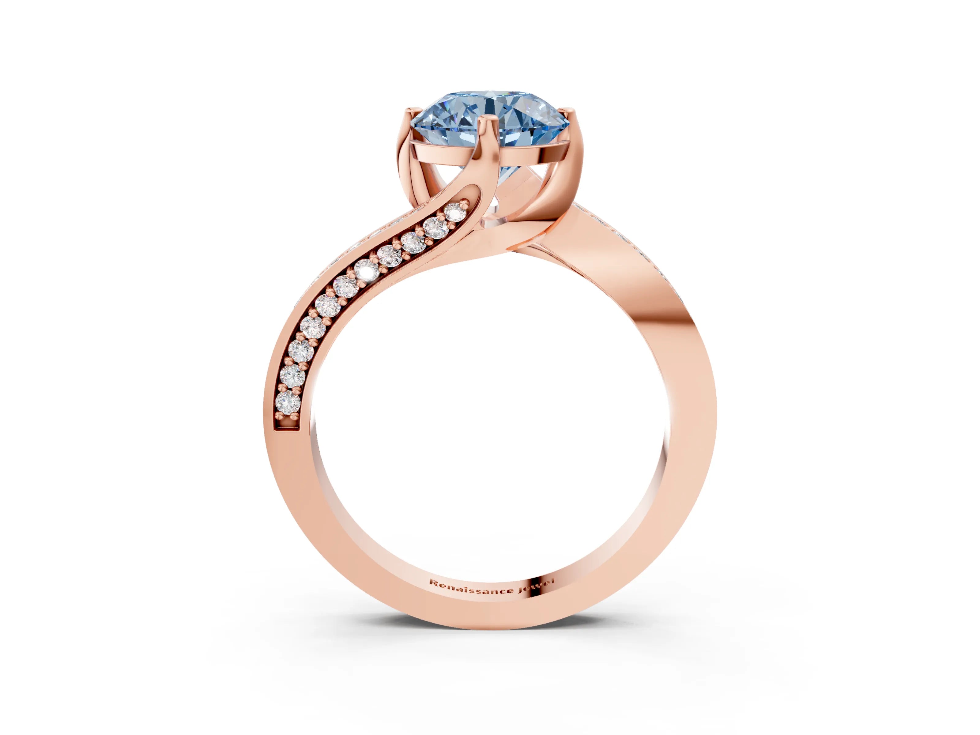 Rose gold Fancy Blue Round Cut Solitaire Diamond Twist Band with Pavé Setting and Four-Prong Setting_3