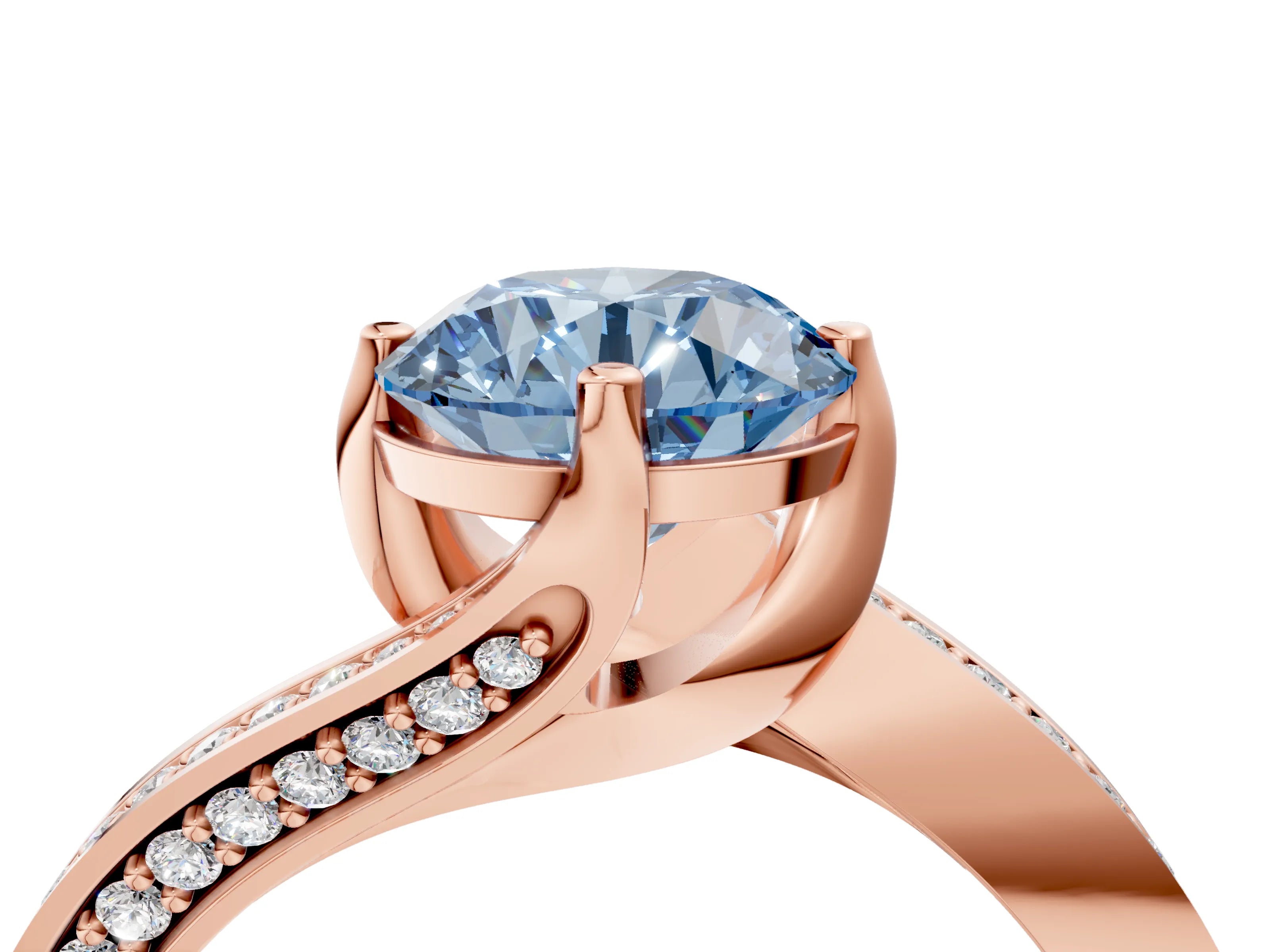 Rose gold Fancy Blue Round Cut Solitaire Diamond Twist Band with Pavé Setting and Four-Prong Setting_4